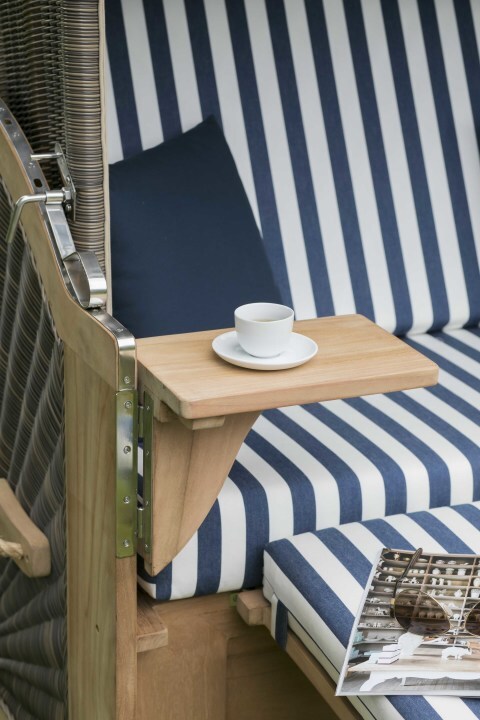 Strandkorb Nordstrand Teak PE grey Dessin 582 Blau